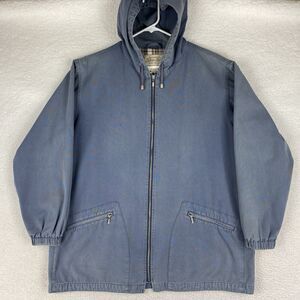 Vtg‎ St Johns Bay Jacket Womens Sz L Blue Chore Coat Hooded Plaid Lined Full Zip